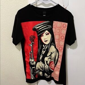 Obey Black Graphic T-Shirt with Red and Beige Design